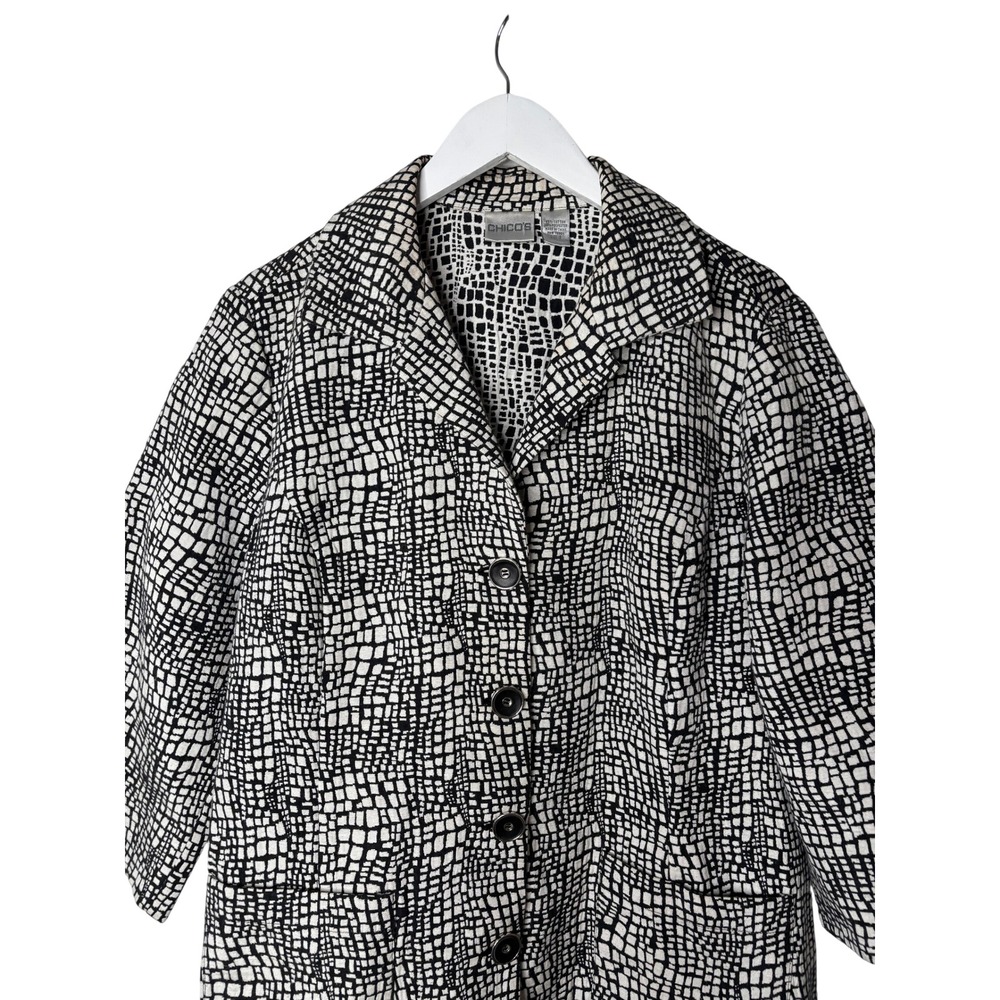 Chico's Jacket Women Size 3 Black White Excellent Geometric Grid‎ Button Front
